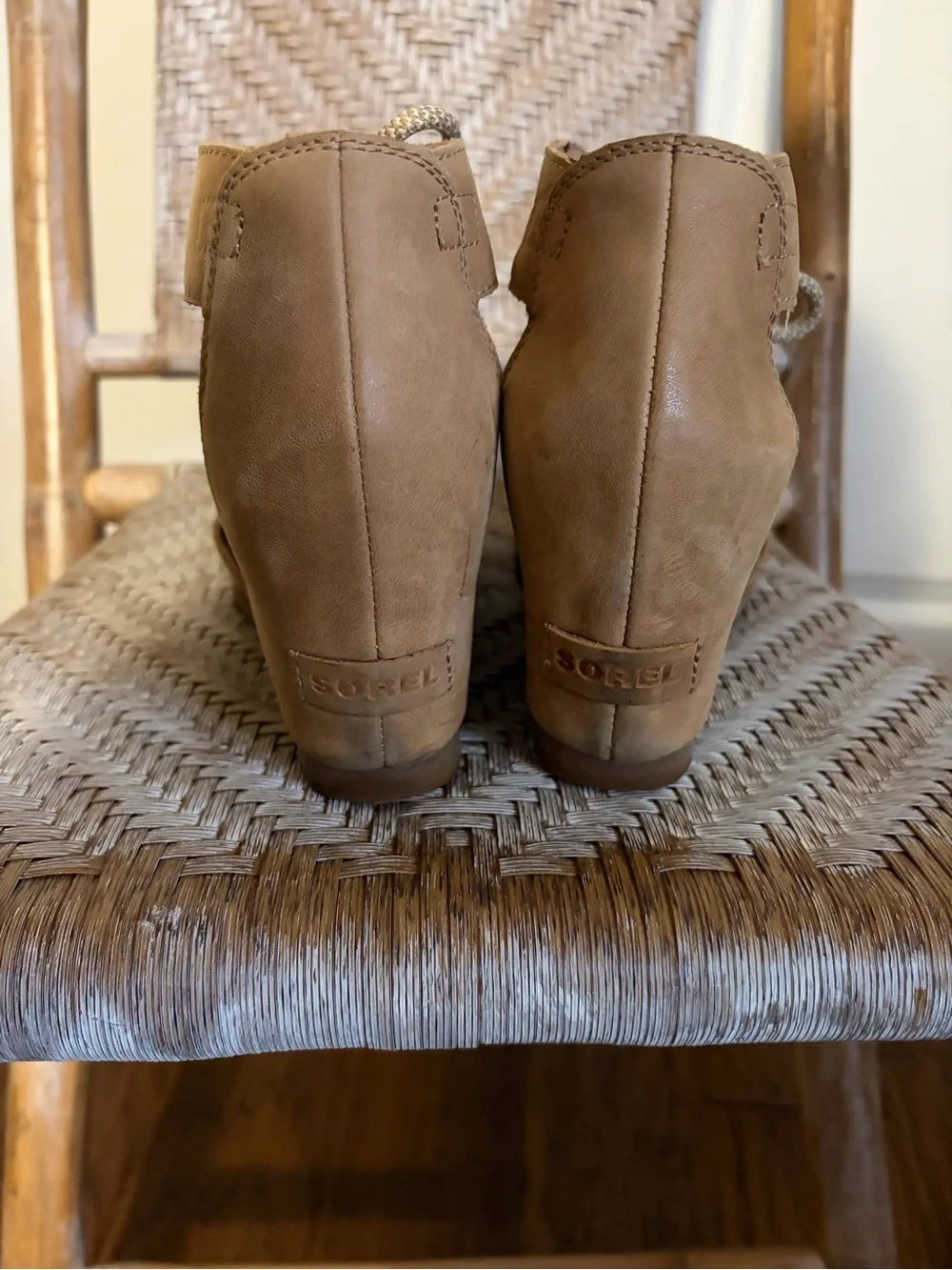 Sorel Tan Lace-Up Open-Toe Wedge Mules